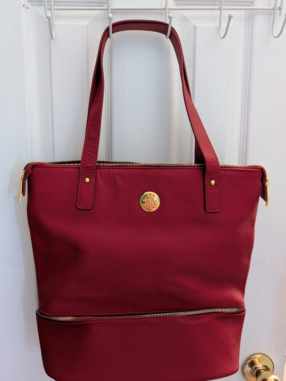Joy Mangano Burgundy Pebbled Leather Tote with Gold Hardware